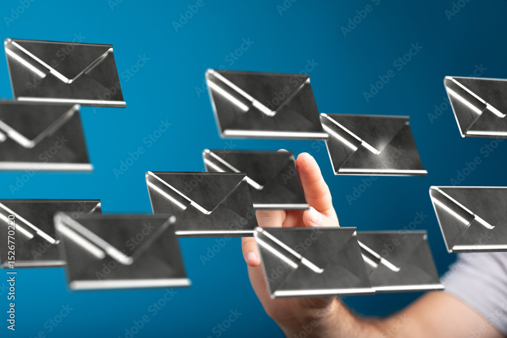 Poster Hand interacting with digital emails, inbox management, email overload concept.