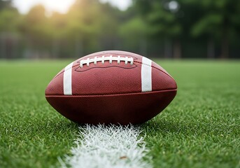 Obraz premium American football resting on green grass field, near a white line, with trees in the background.