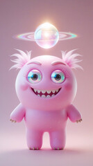 Cute Pink Cartoon Monster with Glowing Orb and Happy Smile