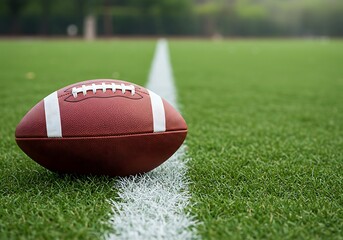 Obraz premium A football resting on a white line on a green sports field, close up.