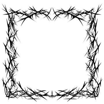 Barbed wire frame with sharp, black thorns in a bold, edgy style&mdash;ideal for tattoo art, dark themes, or gothic graphic designs.
