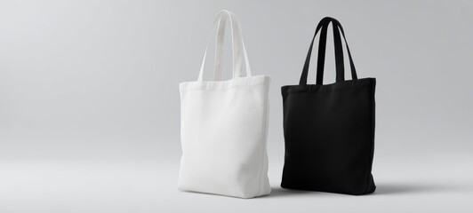 The stylish contrast of black and white tote bags on a neutral background.