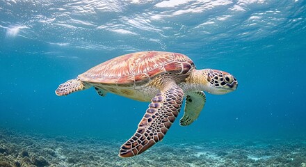 Obraz premium A captivating view underwater sea turtle gracefully glides through the ocean, evoking a sense of serenity and wonder. Witness the beauty of marine life, its intricate patterns.