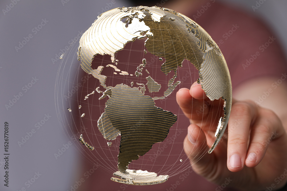 Aufkleber person's hand interacts with a digital 3d earth, symbolizing global connectivity and networking.