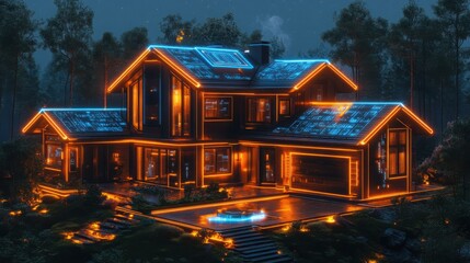 Futuristic Smart Home Design Night View of Eco Friendly House with Solar Panels and Neon Lighting