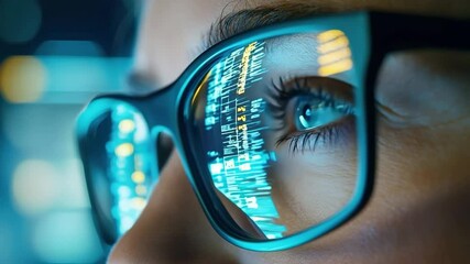 Closeup of person eye wearing glasses reflecting digital data and code, symbolizing technology, innovation, and focus modern digital environment, with digital data and code reflected glasses - Powered by Adobe