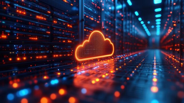 Illuminated Cloud Computing Symbol in Modern Data Center Server Room