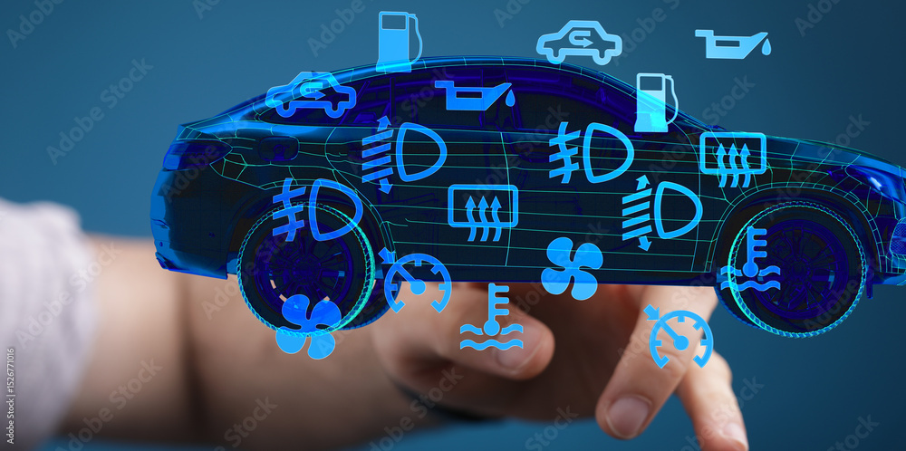 Poster Interactive display of car warning lights and maintenance indicators.  Modern auto technology.