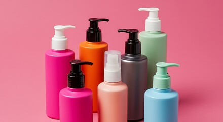Colorful Pump Bottles on Pink Background: Skincare Product Displ
