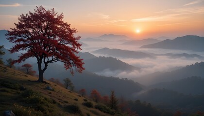 A misty mountain sunrise featuring a bridge and a red leaf tree