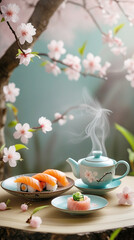 Japanese Sushi and Tea with Cherry Blossoms Spring Setting
