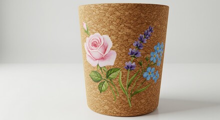 Cork Cylinder Vase with Delicate Pink Rose and Forget-Me-Nots