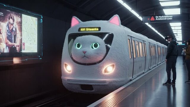 Futuristic cat train at station innovative urban transportation design concept