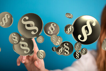 3D render of paragraph symbols floating around a hand, symbolizing legal concepts.