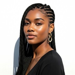 Portrait of a beautiful woman with braided hair and golden earrings posing