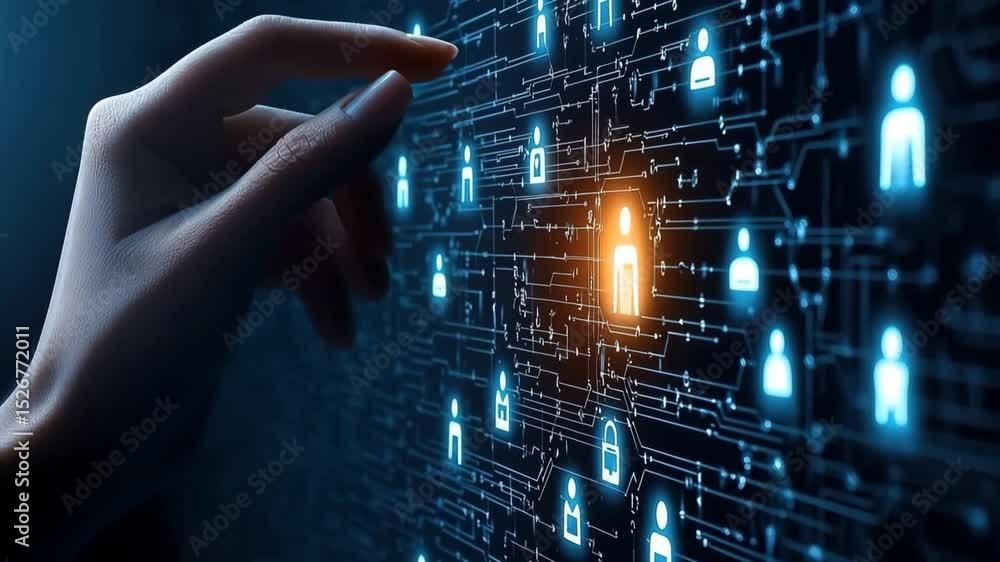 Aufkleber hand interacting with digital network interface and glowing icons representing user profile, securit