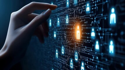 Hand interacting with digital network interface and glowing icons representing user profile, security, and technology hand touches digital icon among user icons virtual interface, symbolizing cyber - Powered by Adobe