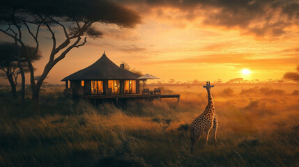 A lion resting by a tranquil pond in the savanna with a giraffe and zebras.