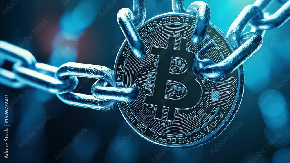 Poster bitcoin cryptocurrency blockchain digital coin chain security finance technology blue, symbolizing s