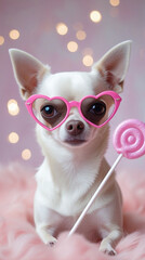 Cute Chihuahua Dog with Heart Glasses and Pink Lollipop