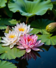 Lotus flowers in a pond, their delicate petals floating gracefully on the water, surrounded by large green leaves