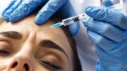Close-up of woman receiving botulinum injection for wrinkle reduction in a cosmetic procedure clinic. concept of beauty treatment, anti-aging, dermatology, facial care, medical aesthetics