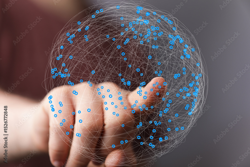 Leinwandbilder Abstract image of a hand interacting with a digital globe, representing global network connections and data.