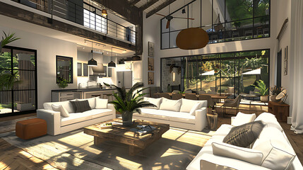 A bright and spacious living room with modern furniture, a large window offering a view of nature, and an open floor plan connecting to the kitchen and dining area