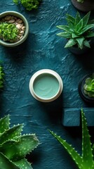 Luxurious Green Facial Mask in Jar Surrounded by Succulents and Aloe Vera Plants
