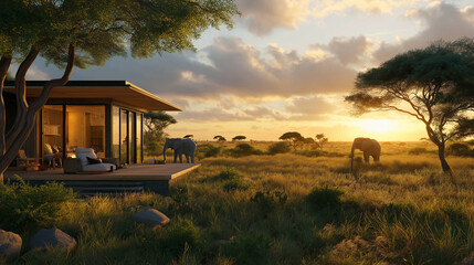 Modern safari lodge with large window and patio overlooking giraffes at sunset.