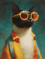 Chats vintage stylisés dans un décor rétro humoristique