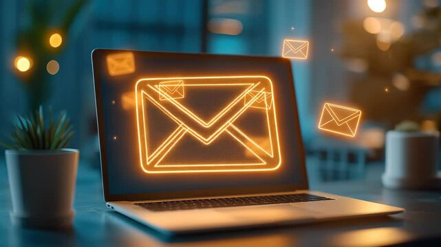 Digital envelope icon glowing laptop screen, symbolizing email communication, technology, and online messaging modern office workspace, with warm lighting and creative digital connection