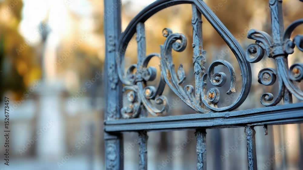 Poster a close-up shot of a metal gate with a building visible in the background.