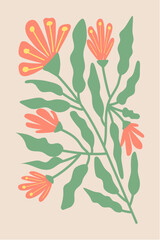 Botanical drawing of tropical flowers with green leaves and red flowers on beige background in abstract doodle art shape for posters, wallpapers and home decor decor. Vector illustration.