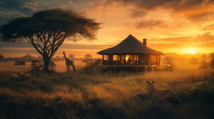 A lion resting by a tranquil pond in the savanna with a giraffe and zebras.