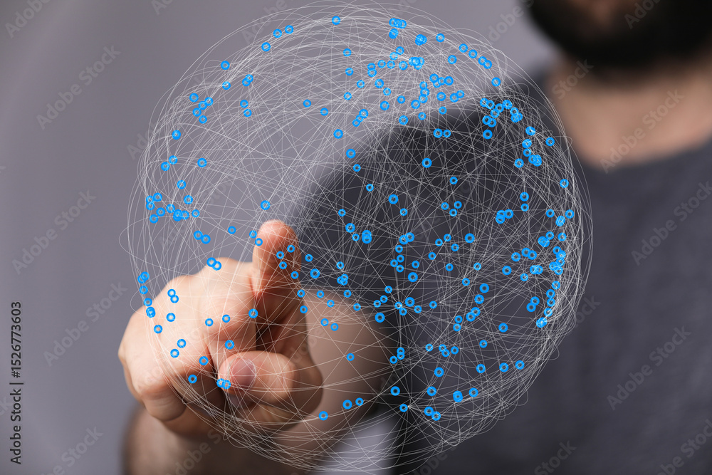 Poster a person's finger interacts with a digital sphere representing global network connections. illustrat