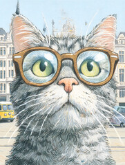 Portrait d'un chat gris à lunettes de lecture, style studieux