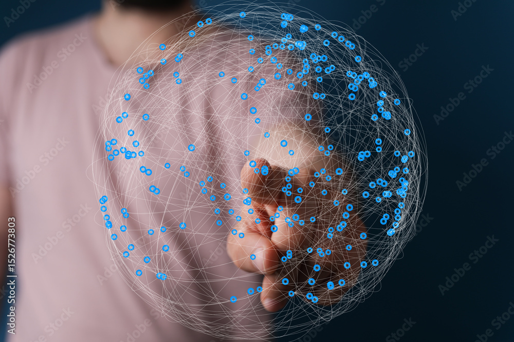 Poster Person touching a digital globe, illustrating global networking, connectivity, and data visualization.