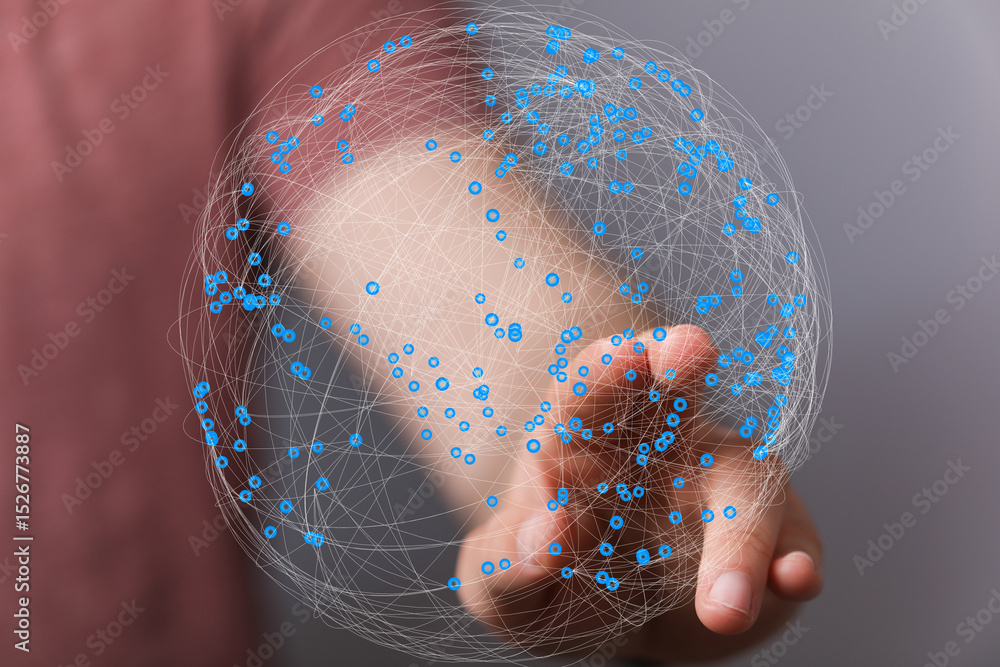 Poster Abstract image of a hand interacting with a digital global network. Represents connection, technology, and communication.
