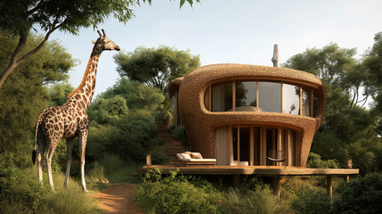 A giraffe standing, house made of natural materials with large windows.