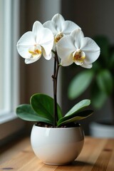 Elegant white Phalaenopsis orchid in modern ceramic pot, beauty, nature