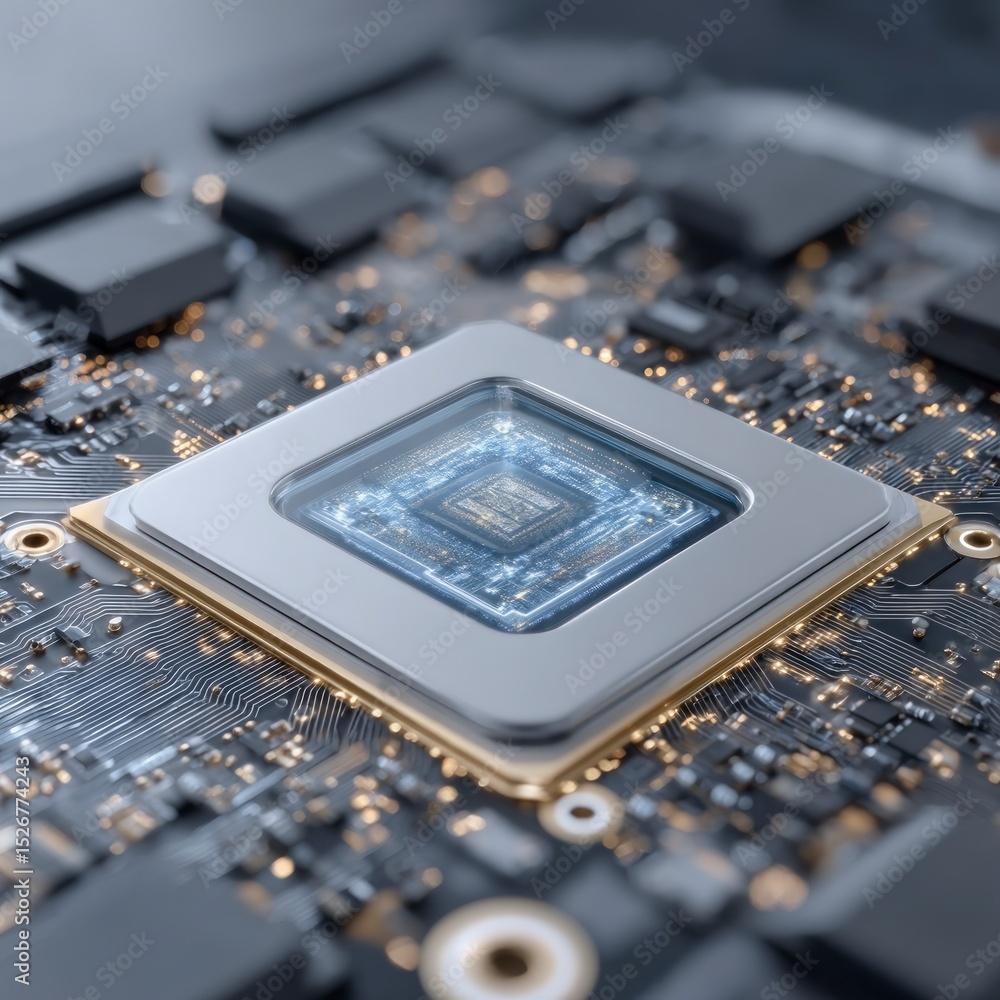 Poster high tech microchip closeup cpu motherboard circuit board technology