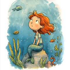 Jeune sirène rousse assise sur un rocher illustration enfantine