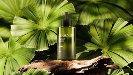 Green Glass Serum Bottle with Dropper on Natural Tropical Background