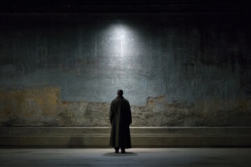 Obraz premium Solitary figure illuminated against a weathered wall