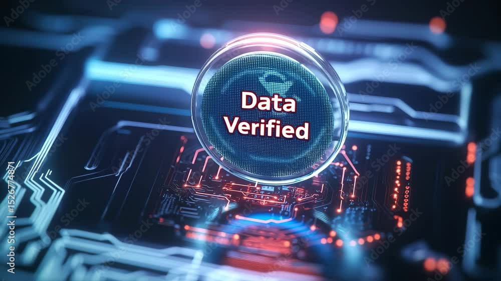 Poster data verification and authentication futuristic digital circuit board with glowing blue and red ligh