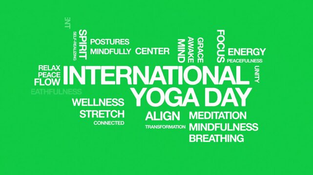 International yoga day  Animated Tag Word Cloud kinetic typography concept, Text Design Animation typography seamless loop video motion graphics Intro 4k, animated Word Art Looping Text effects green