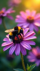 Fuzzy bumblebee, purple petals, sunlit garden , bloom, hairy, nature