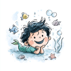 Jeune garçon sirène heureux couché sur le sable marin