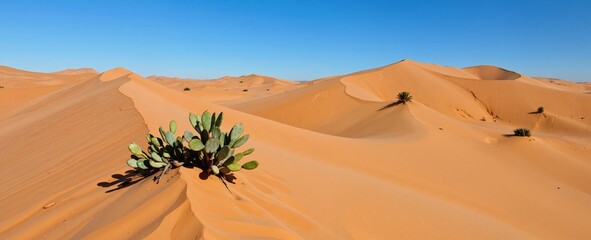 A lone cactus plant stands resilient amidst the vast expanse of golden sand dunes, its vibrant green leaves contrasting sharply against the arid landscape